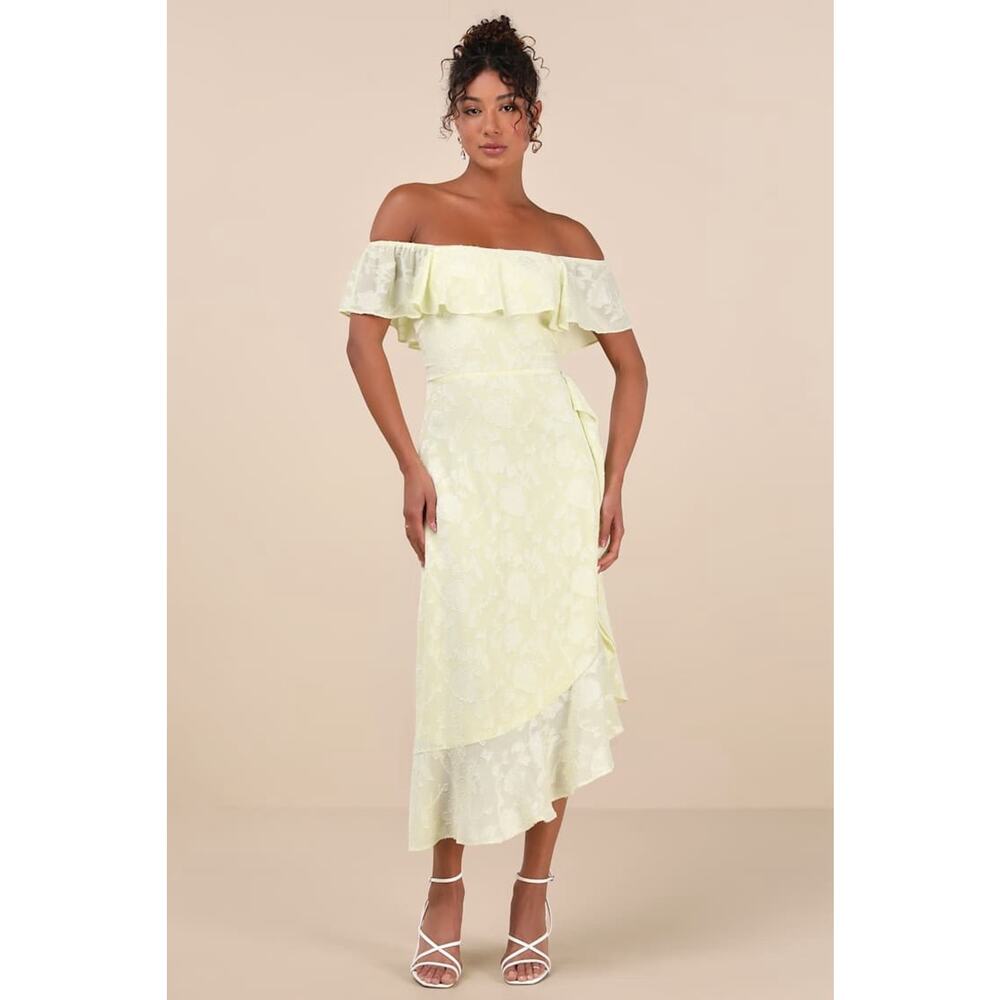 Lulus Pretty Perfect Yellow Burnout Floral Off-the-Shoulder Midi Dress Large NWT